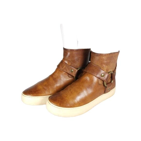 Frye Women’s Lena US6,5 Cognac Brown Leather Back Zip Harness Ankle Boots - Picture 1 of 16